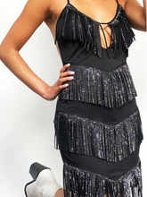 Load image into Gallery viewer, Fashion Black Layered Tassel Evening Dress
