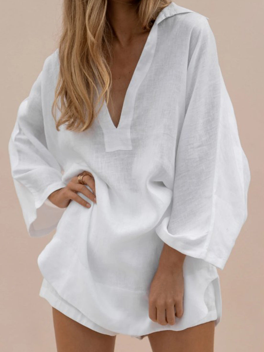 Simple Casual Loose V-Neck Long Sleeve Mini Dress
