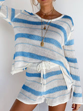 Load image into Gallery viewer, Casual Loose Stripe Long Sleeve Top Shorts Two-Piece Suit
