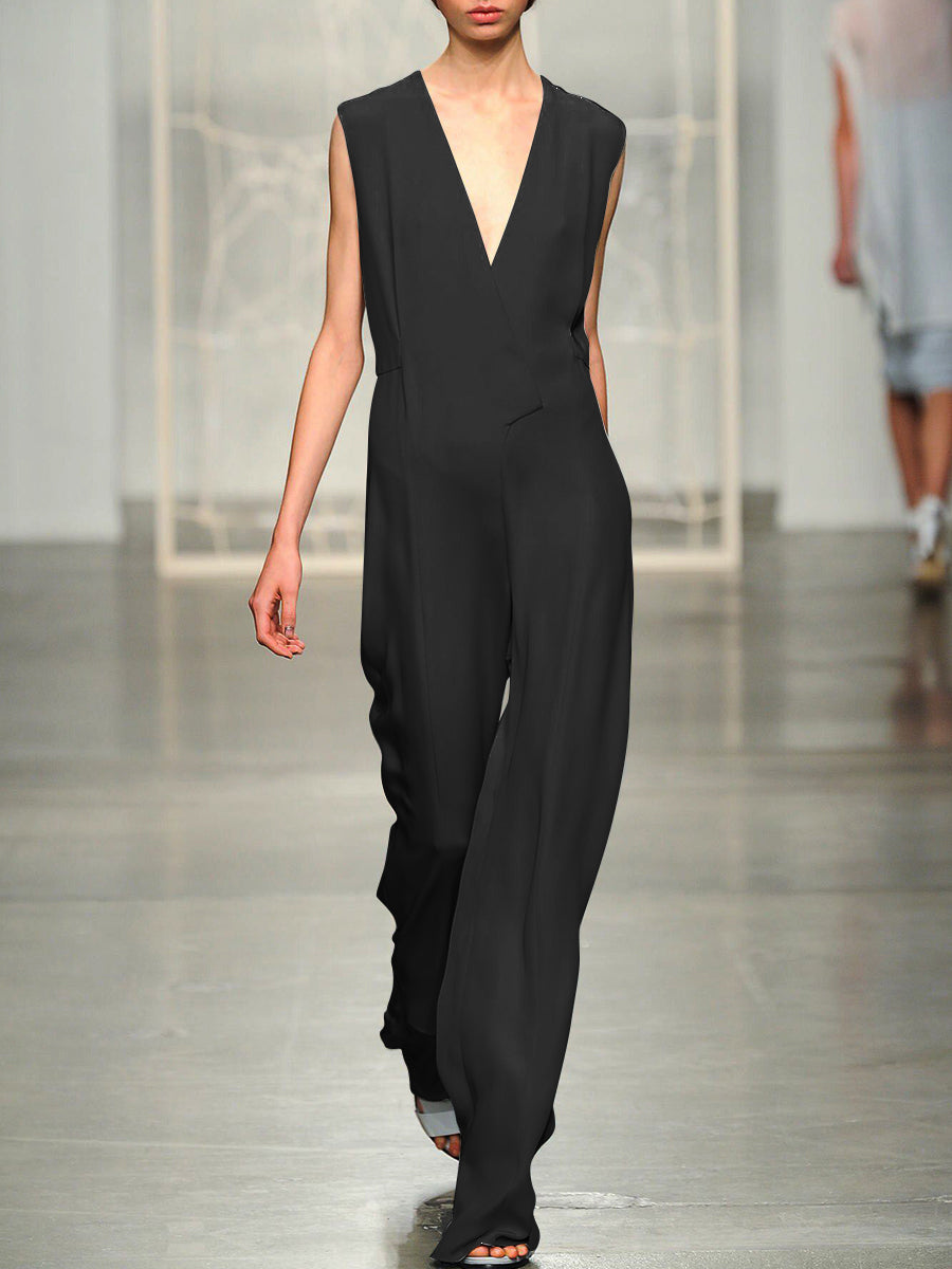 Casual Solid Color Sleeveless V-neck Strappy Jumpsuit