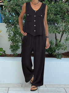 Casual Solid Color Sleeveless V-neck Two-piece Suit