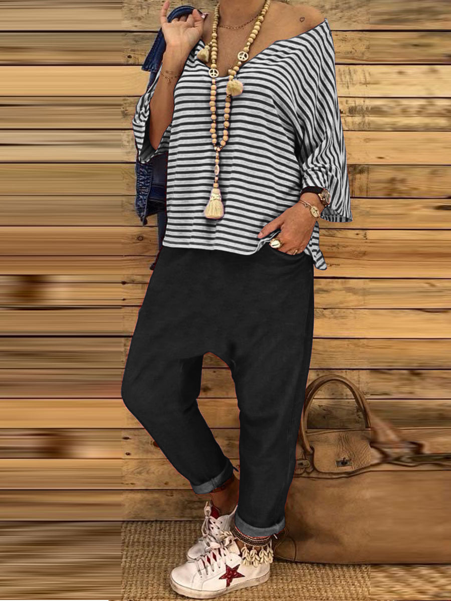 V-neck Striped Top Trousers Casual Suit