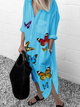 Load image into Gallery viewer, Fashion Butterfly Print Long Sleeve Split Dress

