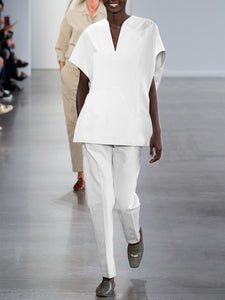 Solid Color V-neck Bat Short-sleeved Top and Pants Two-piece Suit