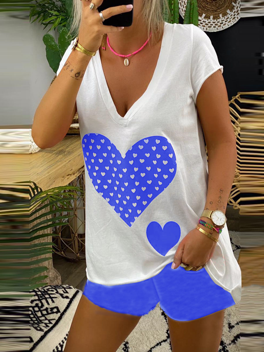 Casual Loose V-Neck Top Shorts Suit