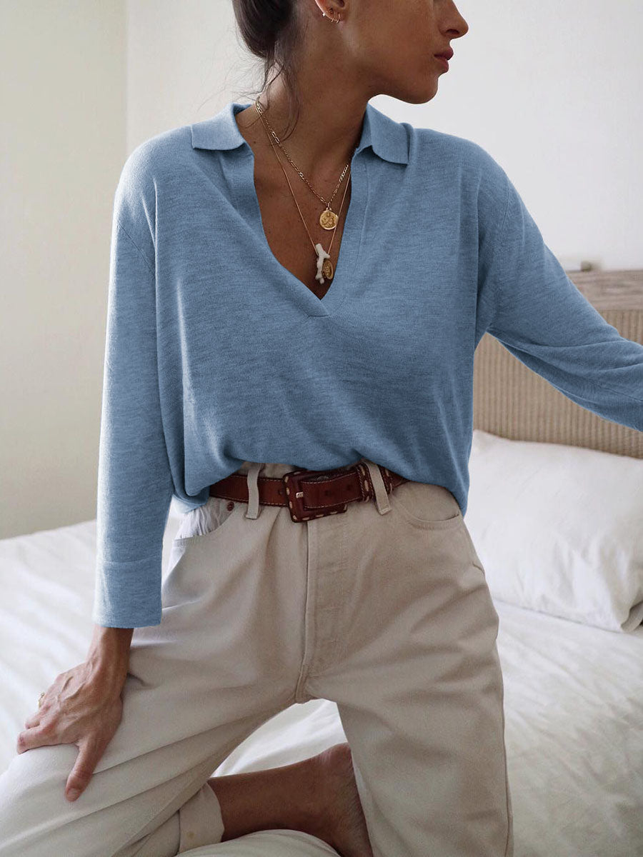 Slim Long Sleeve Solid Color V-neck Tops Blouses