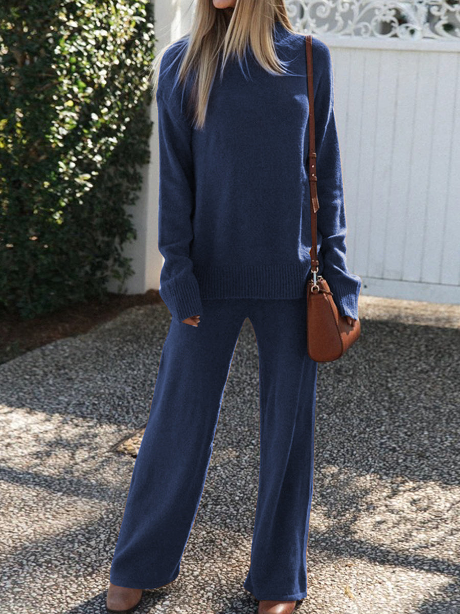 Casual Loose Solid Color Long Sleeve High Neck Two-piece Suit