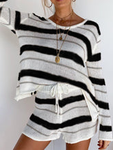 Load image into Gallery viewer, Casual Loose Stripe Long Sleeve Top Shorts Two-Piece Suit
