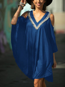 Boho Oversized Fringe Open Shoulder Beach Casual Dress