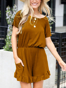 Pure Color Round Neck Casual Jumpsuit Ruffled Romper