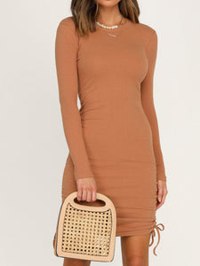 Sexy Solid Color Round Neck Drawstring Long Sleeve Dress