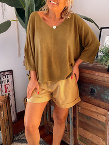 Simple Casual Loose V-Neck Top Shorts Set