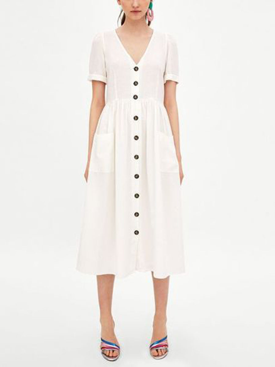 V-neck Net Color Short Sleeve Dress