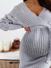 Load image into Gallery viewer, Casual V-Neck Long Sleeve Plain Knit Bodycon Maternity Dress
