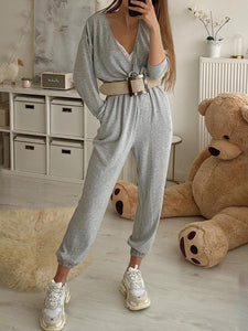 Solid V-neck Long Sleeve Casual Jumpsuit