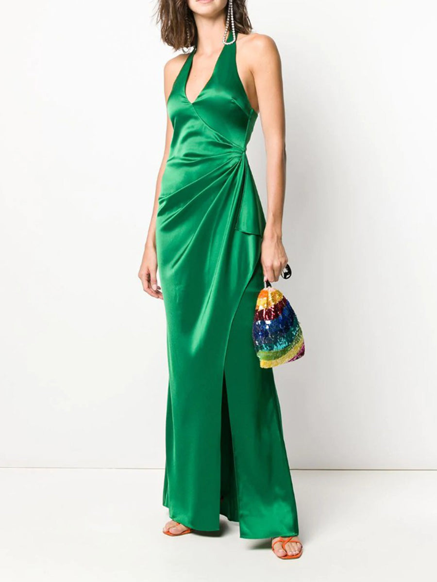 Solid Color V-neck Halter Neck Split Evening Dress