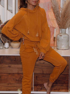 Casual Solid Color Hooded Top Two-piece Suit