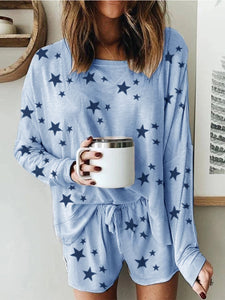 Simple Casual Loose Star Print Top Shorts Suit