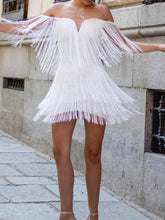 Load image into Gallery viewer, Off-the-shoulder Solid Color Tassel Evening Dress
