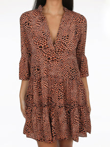 Deep V-neck Mid-sleeved High Waist Printed Midi Dress