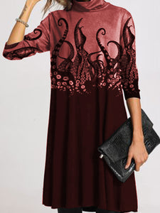 Autumn Plant Pattern High-neck Thick Casual Dress