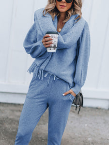 Casual Loose V Neck Blouse Pants Knit Suit