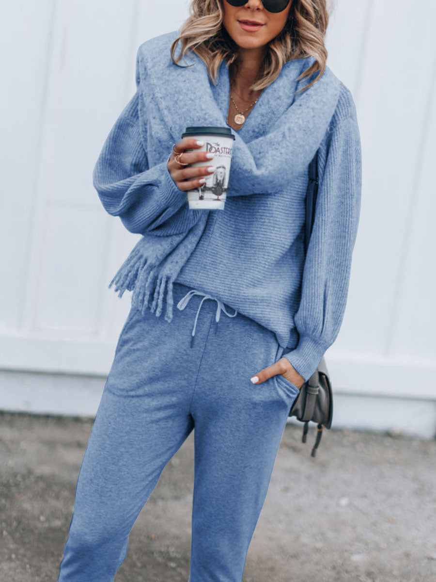 Casual Loose V Neck Blouse Pants Knit Suit