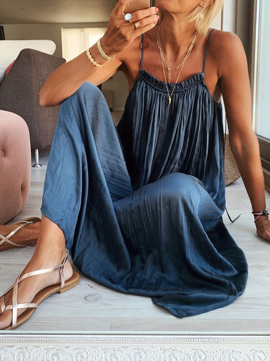 Fashion Pleated Sling Solid Color Casual Maxi Dress