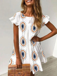 Round Neck Bohemian Print Ruffled Dress