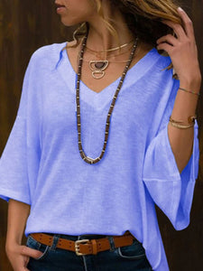 Loose V-Neck T-Shirts Solid Color Blouses