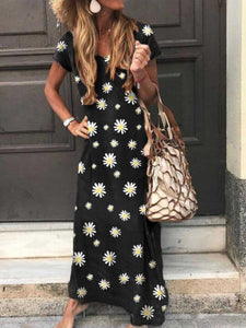 Casual Waist Swing Short Sleeve Daisy Print Dress