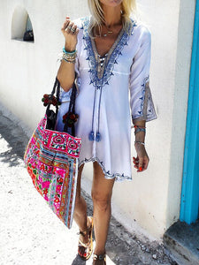 Vintage Bohemian Loose V-Neck Mini Dress