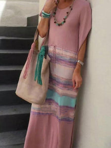 Solid Color Stitching Printed Short-sleeved Casual Dress