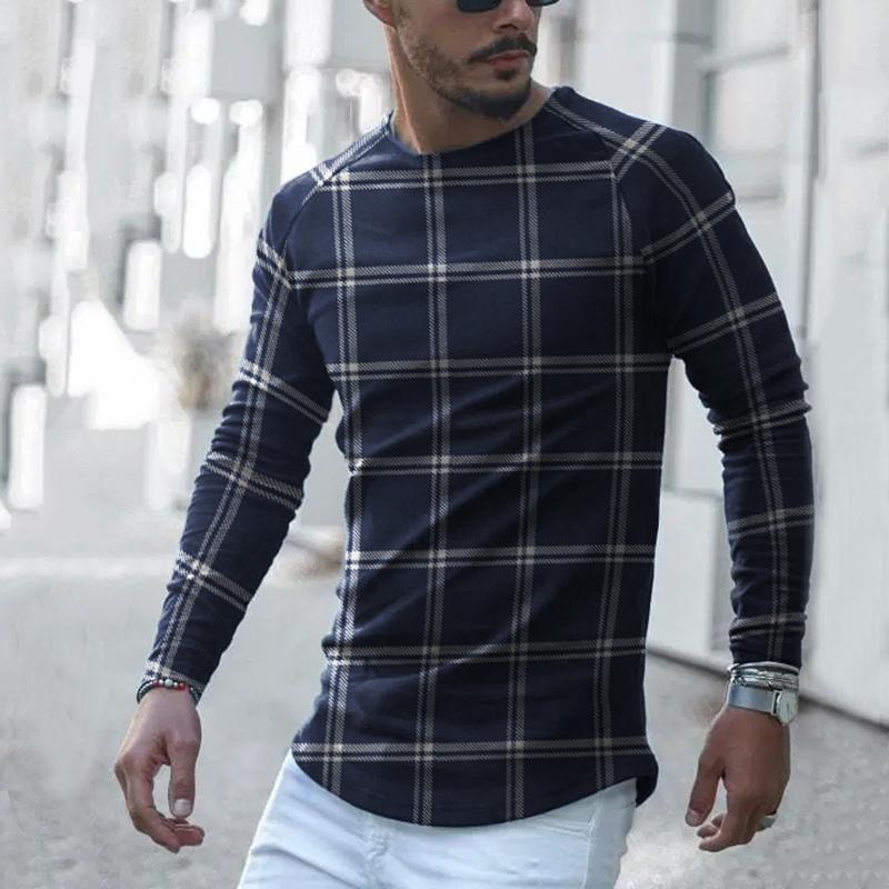 Men'S Casual Round Neck Plaid T-Shirt