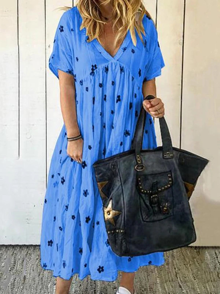 V-neck Short Sleeve Printed A-line Floral Dress