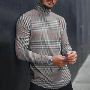 Men'S Stitching Plaid Print High Neck Retro T-Shirt