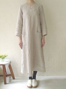 Pure Color Round Neck Long Sleeve Loose Casual Dress