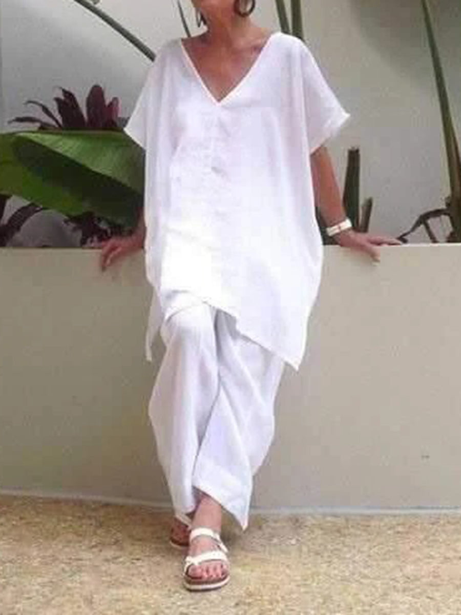 Simple Casual Loose V-Neck Top Suit Set