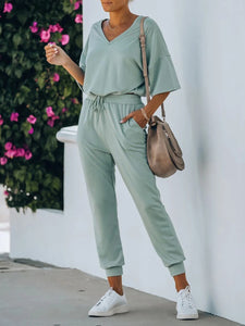 Casual Loose V-Neck Short Sleeve Top Pants Suit