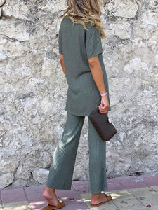 Fashionable Simple Round Neck Short Sleeve Top Pants Knitted Suit