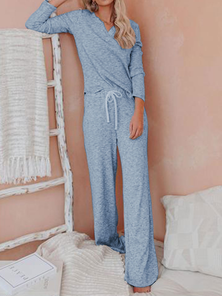 Casual Solid Color Lace-up V-neck Two-piece Suit