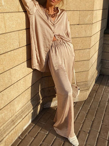 Casual Solid Color Long Sleeve V-neck Two-piece Suit