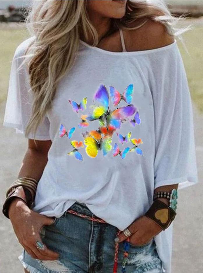 Fashion Butterfly Print Holiday Short Sleeve Top