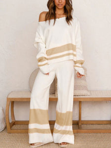 Fashion Casual Round Neck Striped Two-piece Suit