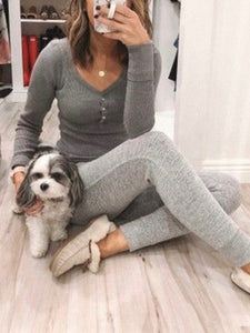 Casual V-neck Solid Color Slim Two-piece Suit
