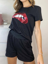 Load image into Gallery viewer, Lip Print Round Neck Short Sleeve Top Shorts Suit
