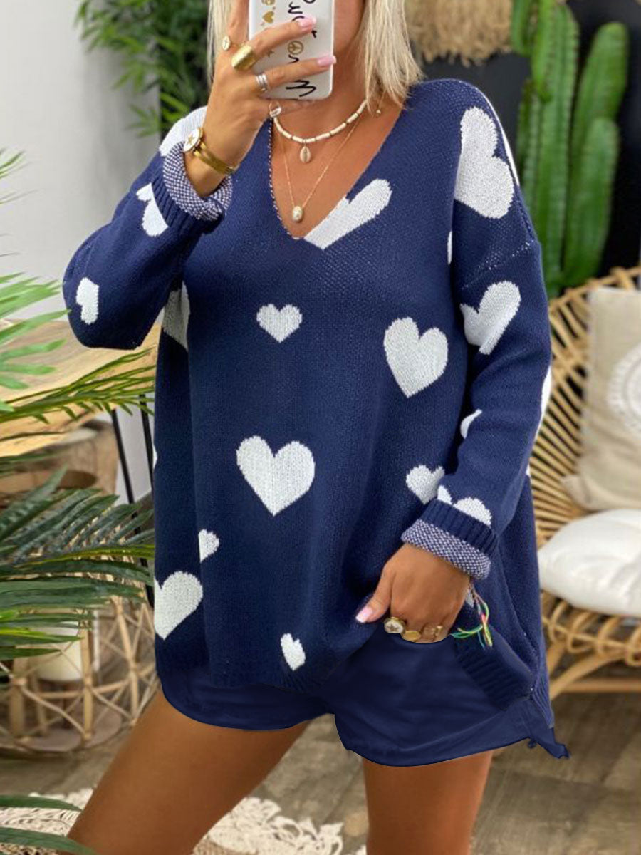 Knitted Printed V-Neck Loose Suit