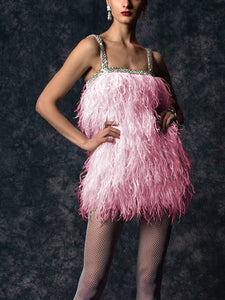 Fashion Solid Color Furry Sling Mini Dress