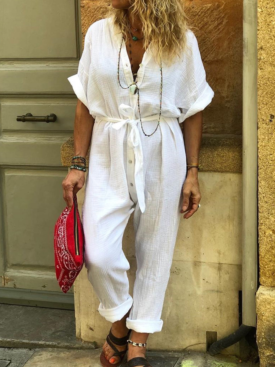 Casual Loose Solid Color V-neck Jumpsuit