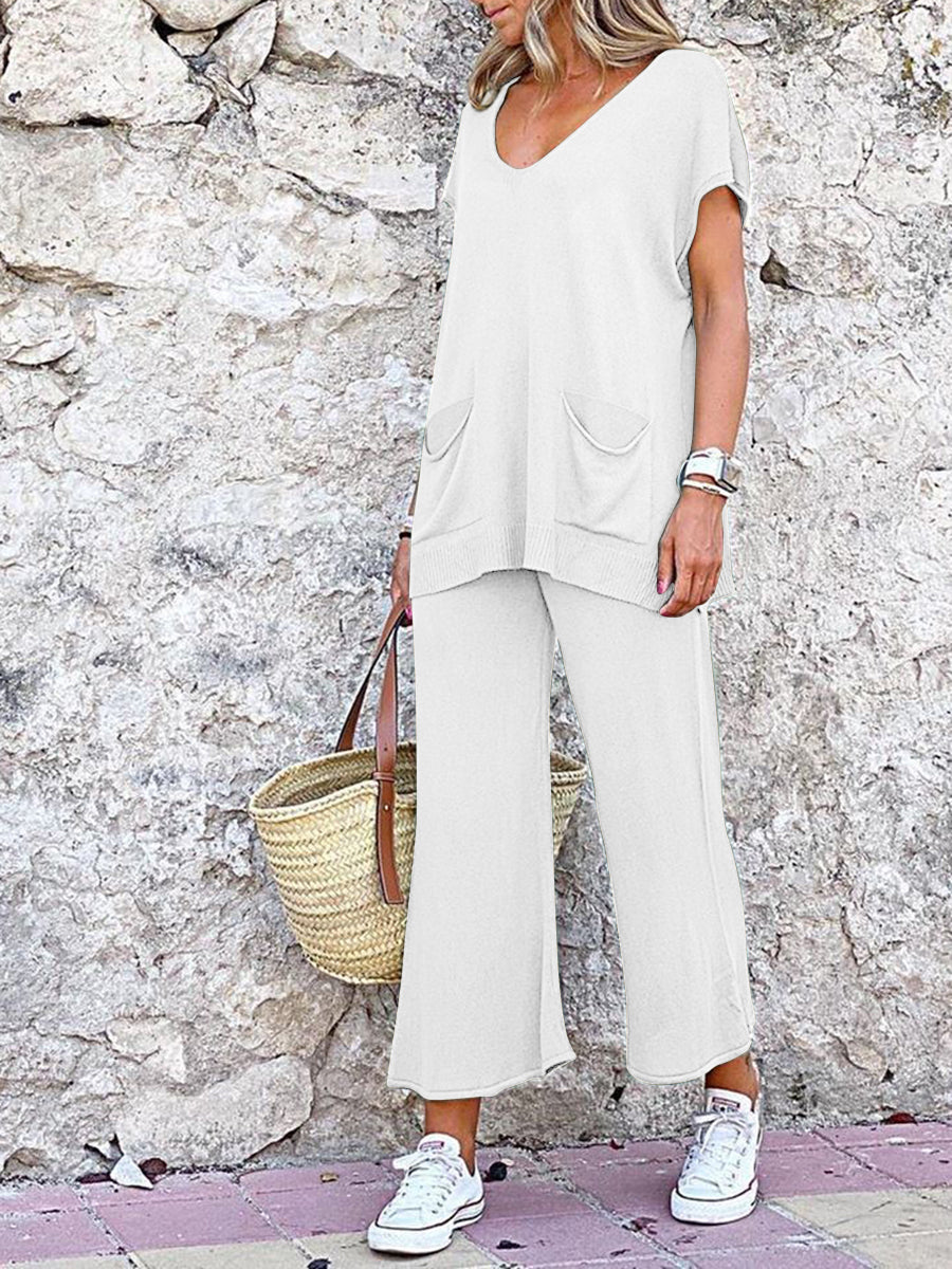 Casual Simple Loose V Neck Top Pants Knitted Suit